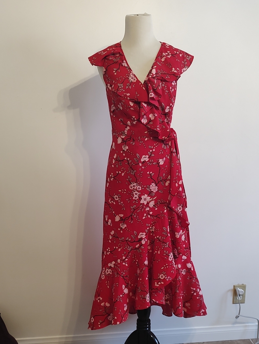 Max Studio Red Floral Ruffle Wrap Dress